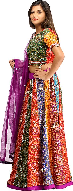 Multi-Colored Ghagra Choli From Rajasthan with Chunri Print and Hanging ...