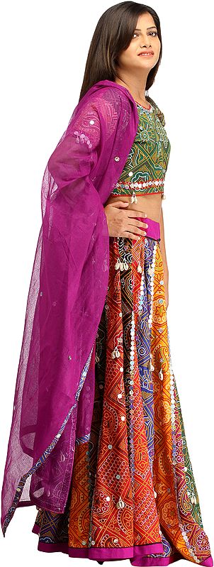 Multi-Colored Ghagra Choli From Rajasthan with Chunri Print and Hanging ...