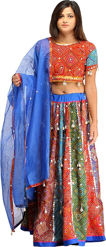 Multi-Color Ghagra Choli from Rajasthan with Chunri Print and Dangling Cowries