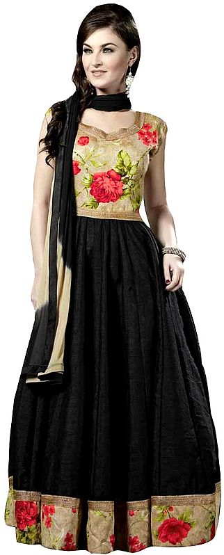 Jet-Black Anarkali Suit with Printed Flowers and Gota Lace