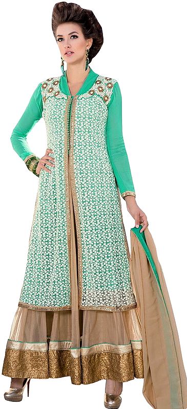Lucite-Green and Beige Designer Suit with Embroidered Overcoat and Sequined Patch Border
