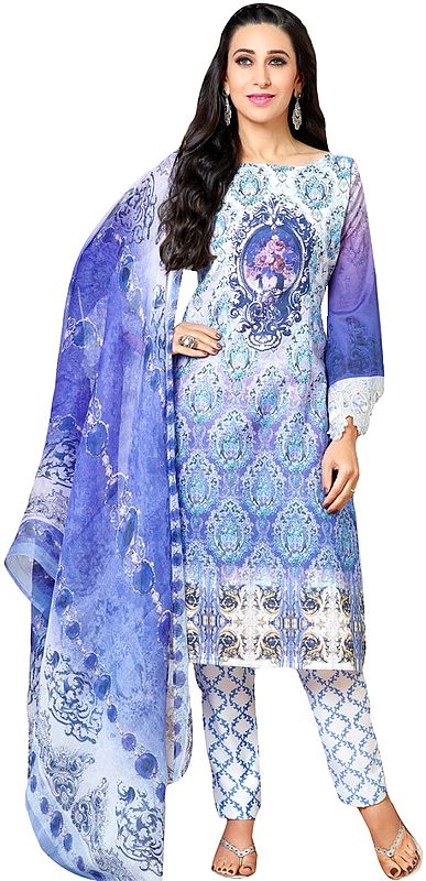 White and Purple Floral Printed Parallel Salwar Suit with Embroidered Patch and Chiffon Dupatta