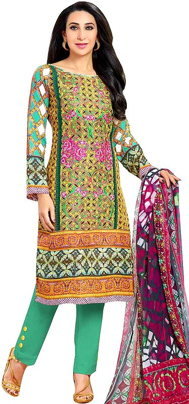 Yellow and Green Parallel Salwar Suit with Floral Print and Embroidered Patch