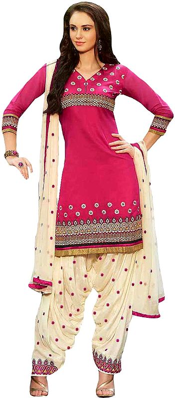 Pink and Off-White Patiala Salwar Kameez Suit with Embroidered Bootis