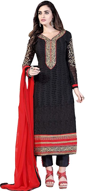 Black and Red Self Embroidered Long Parallel Salwar Suit with Zari Embroidered Patch