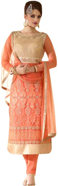 Beige and Melon Designer Long Choodidaar Kameez Suit with Zari Embroidery and Crystals