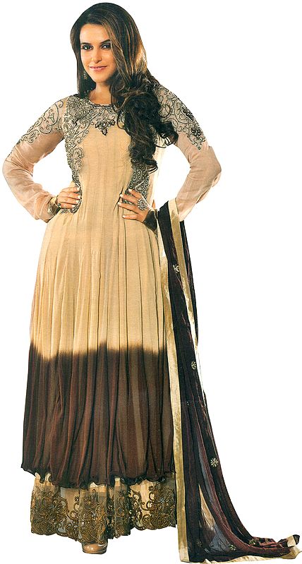 Beige and Chocolate Two-Layered Anarkali Suit with Embroidered Beads on Neck