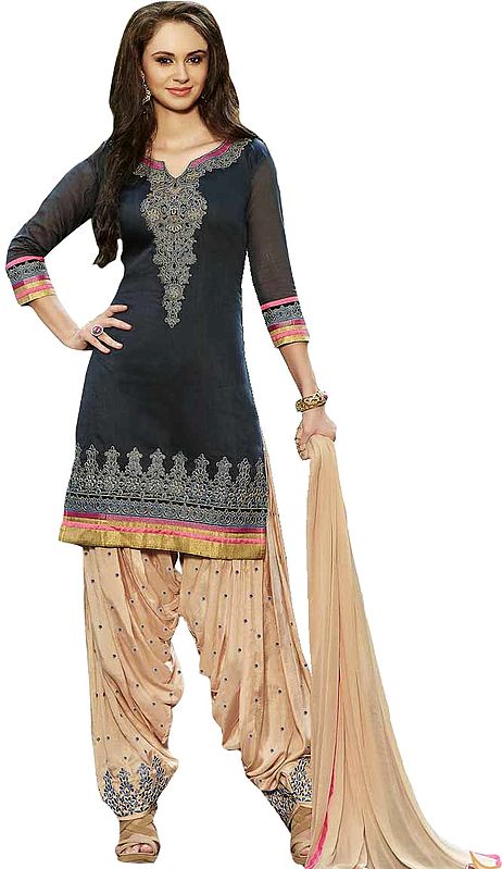 Green-Gables and Bleached Sand Patiala Salwar Kameez Suit with Floral Embroidery on Neck and Border