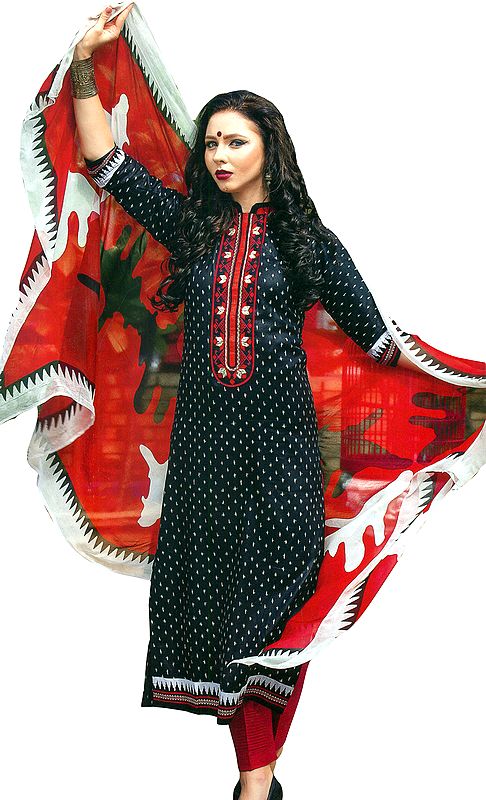 Parallel Salwar Suit with Embroidered Patch on Neck and Ikat Print