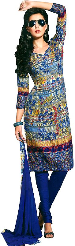 Dazzling-Blue Choodidaar Kameez Suit with Printed Motifs