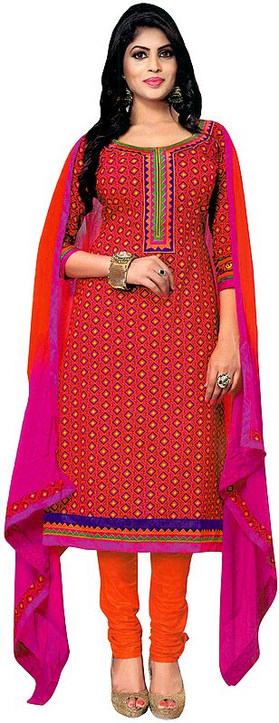 Red and Orange Choodidaar Kameez Suit with Geometric Print and Embroidered Patches