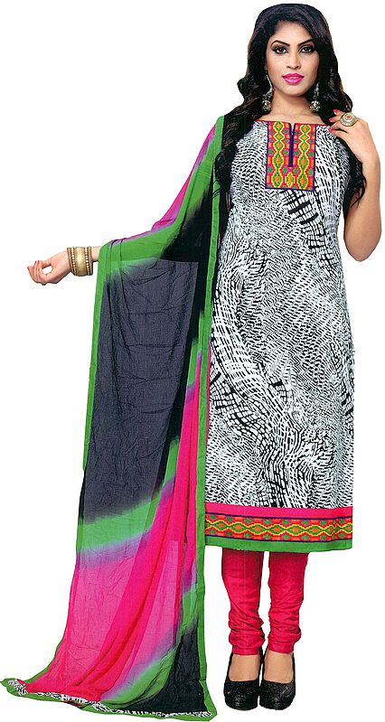 White and Carmine Printed Choodidaar Kameez Suit with Embroidered Patch on Neck and Border