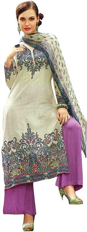 Lily-White and Violet Parallel Salwar Kameez Suit with Printed Paisleys and Chiffon Dupatta