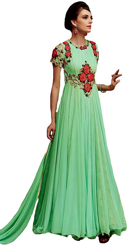 Mint-Green Designer Flowy Gown with Embroidered Flowers