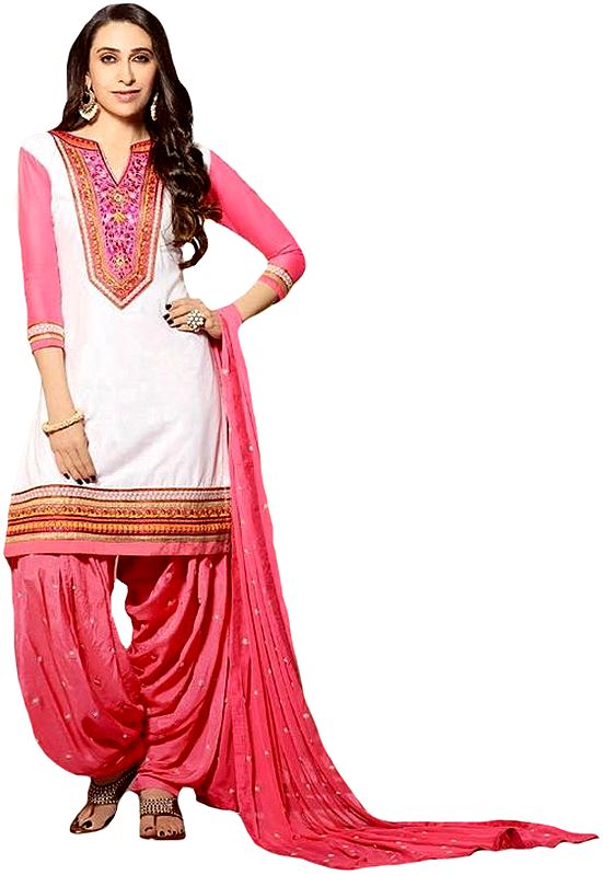 White and Pink Karishma Patiala Salwar Kameez Suit with Embroidered Patches