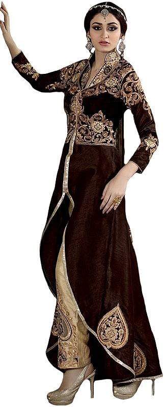 Chocolate and Coccon Designer Parallel Salwar Suit with Zari-Embroidered Patches and Bolero Jacket