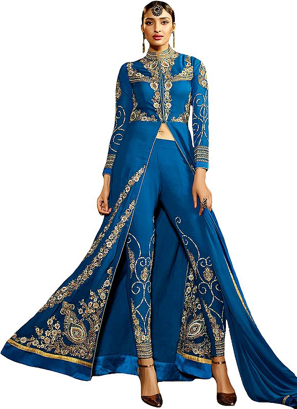 French-Blue Designer Long Suit with Zari-Embroidery and Crystals