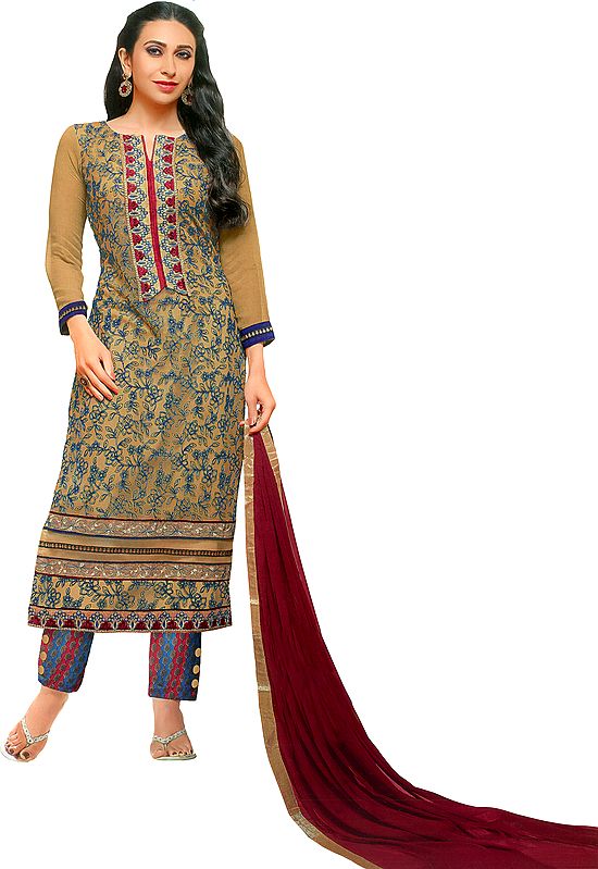 Beige and Maroon Parallel Salwar Suit with Aari-Embroidery and Patch on Neck