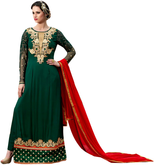 Bistro-Green Floor Length Choodidaar Kameez Suit with Floral Embroidery and Sequins