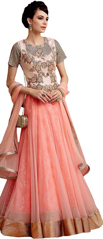 Pink-Champagne Anarkali Suit with Floral-Embroidery and Stone-work