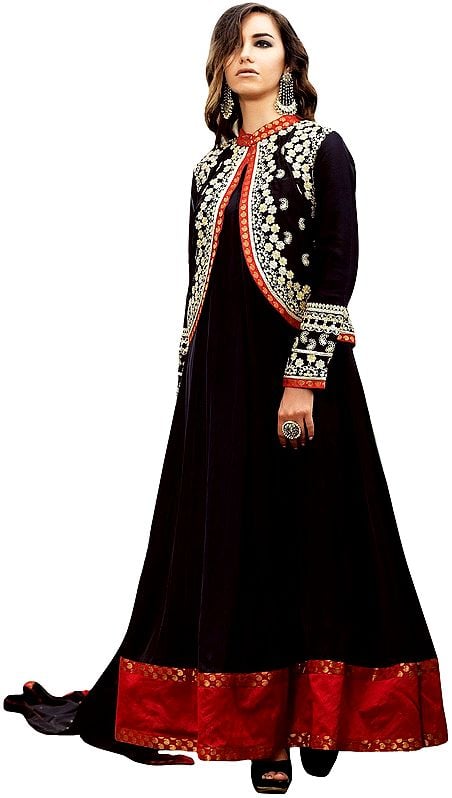 Phantom-Black Plain Anarkali Suit with Floral-Embroidered Bolero Jacket