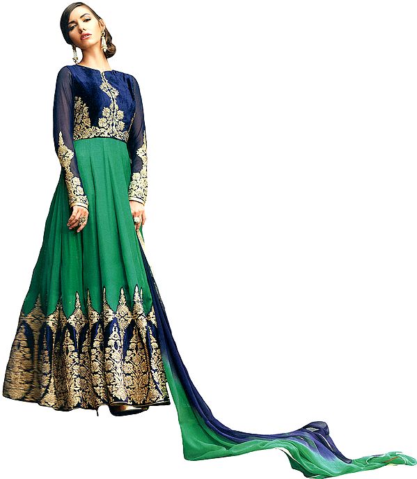 Dark-Blue and Green Wedding Anarkali Suit with Densely Zari-Embroidered and Crystals