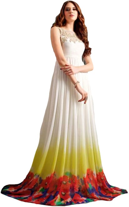 Snow-White Floral Printed Gown with Zari-Embroidery on Neck