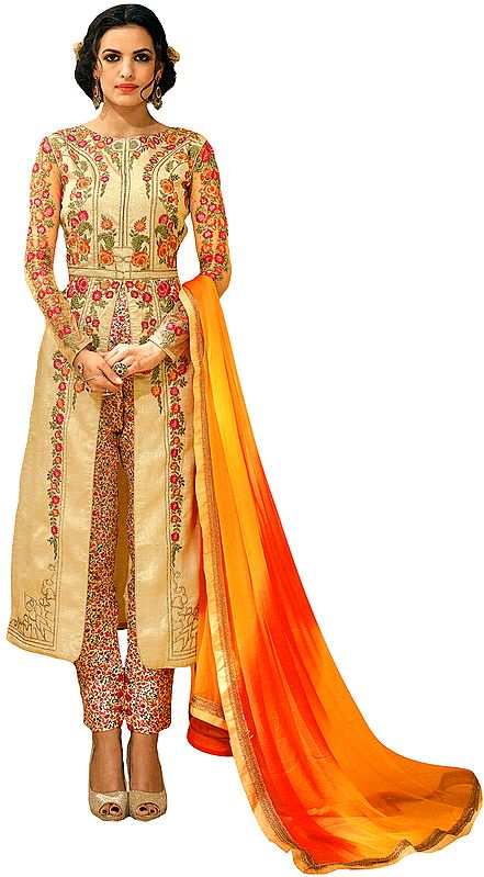Almond-Oil Long Parallel Salwar Suit with Floral-Embroidery in Multicolor Thread