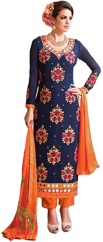 Blue and Orange Parallel Salwar Suit with Zari-Embroidered Flowers and Mirrors