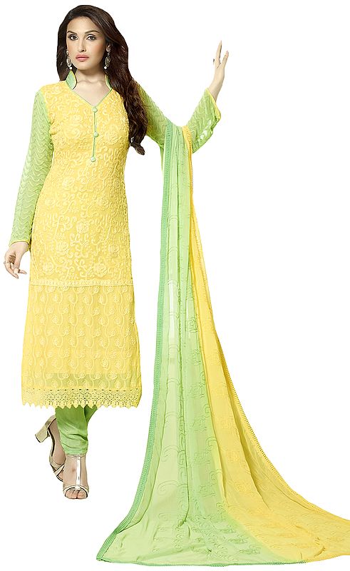 Yellow and Green Long Choodidaar Kameez Suit with Aari Self-Embroidery and Crochet Border