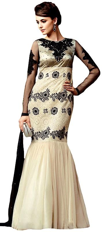 Black and Ivory Designer Gown with Aari-Embroidery and Sequins