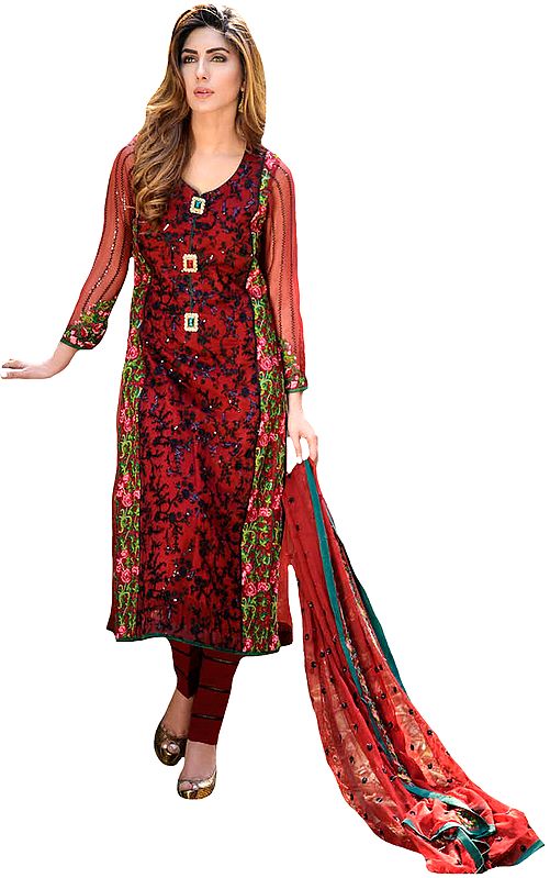 Garnet-Red Salwar Kameez with Sequins and Embroidery in Black Thread