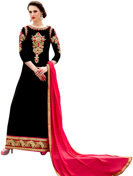 Jet-Black Designer Floor Length Choodidaar Kameez Suit with Floral Embroidery in Zari Thread