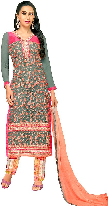 Gray and Pink Parallel Salwar Suit with Aari-Embroidery and Patches