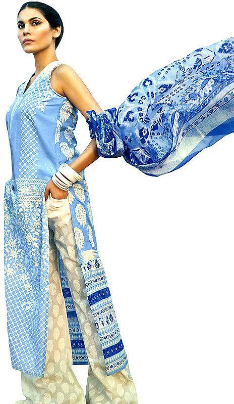 Powder-Blue Printed Palazzo Long Salwar Kameez Suit with Chiffon Dupatta