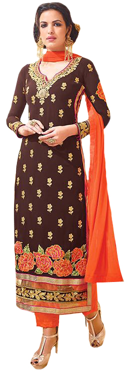 Chocolate and Orange Long Parallel Salwar Suit with Zari-Embroidery