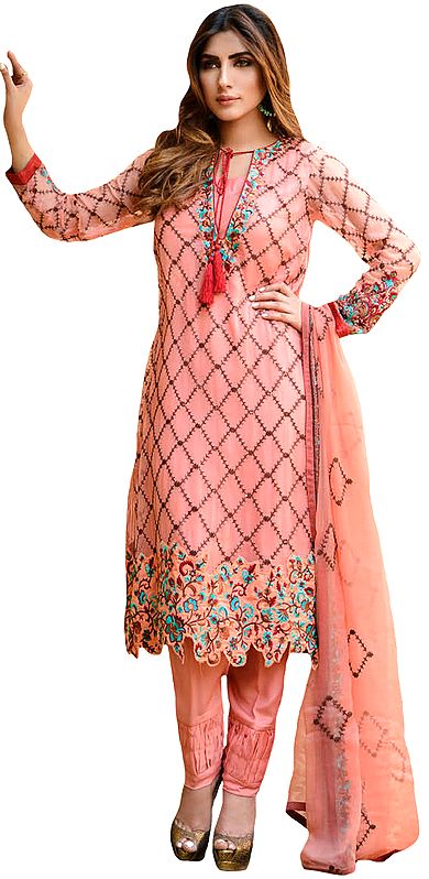 Crabapple-Pink Embroidered Parallel Salwar Suit with Cut-work on Border