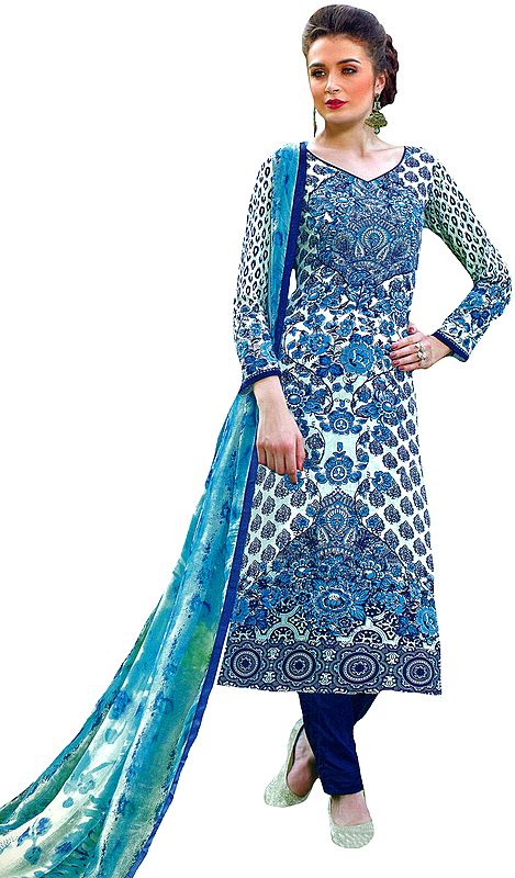White and Blue Floral Printed Choodidaar Kameez Suit with Chiffon Dupatta