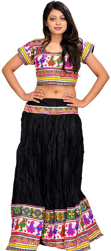 Jet-Black Two-Piece Embroidered Lehenga Choli with Dancing Couples on Border