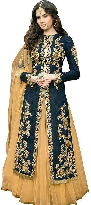 Dark-Blue and Golden Designer Lehenga Suit with Floral Embroidery in Zari Thread