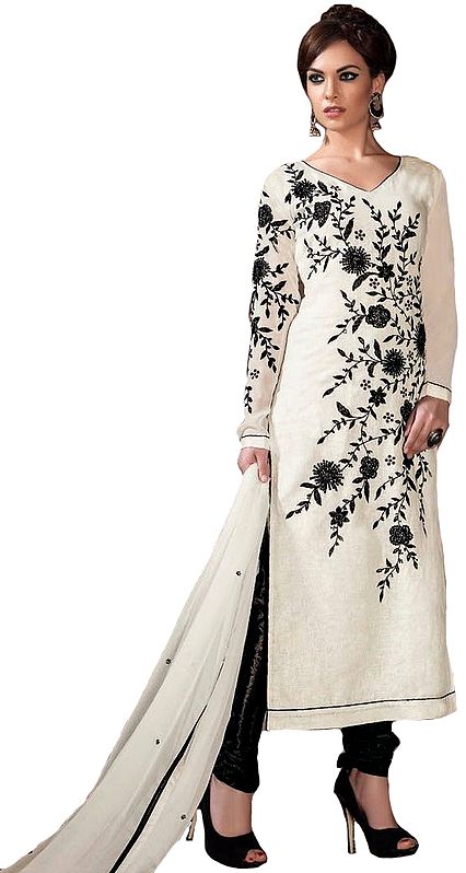 Ivory and Black Long Choodidaar Kameez Suit with Embroidered Flowers and Sequins