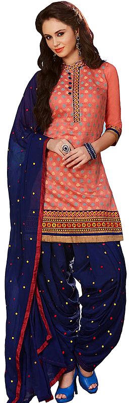 Candlelight-Peach and Blue Patiala Salwar Kameez Suit with Woven Bootis and Embroidered Patches