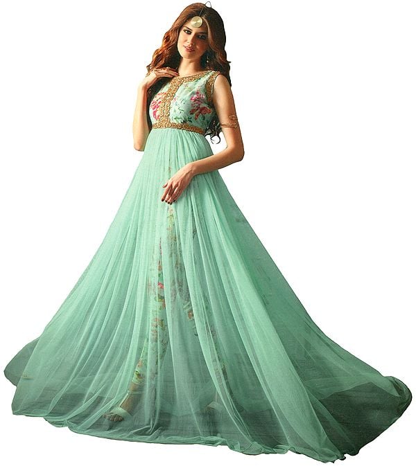Fair-Aqua Floor Length Designer Suit with Floral-Print and Zari-Embroidery on Neck