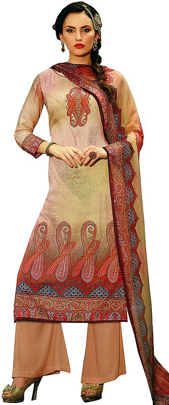 Amberlight and Red Parallel Salwar Kameez Suit with Digital-Printed Paisleys