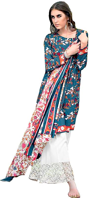Shadow-Blue and White Palazzo Salwar Kameez Suit with Floral Print and Chiffon Dupatta