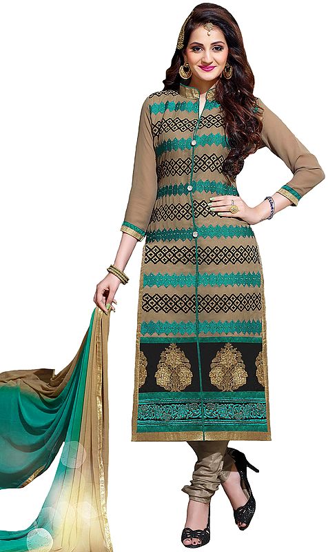 Warm-Sand Embroidered Long Choodidaar Kameez Suit with Net on Border