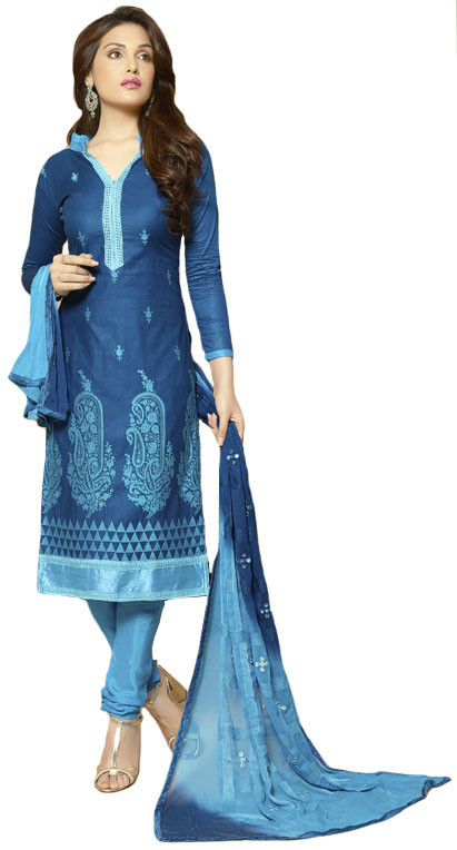 Blue and Aquarius Long Choodidaar Kameez Suit with Embroidered Paisleys