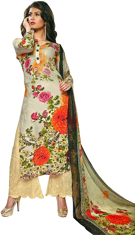Cream Long Parallel Salwar Suit with Printed Flowers and Embroidery on Salwar