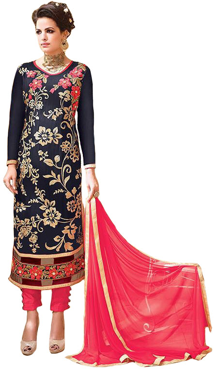 Dark-Blue and Pink Floral Embroidered Long Parallel Salwar Suit with Applique Flowers and Net Border