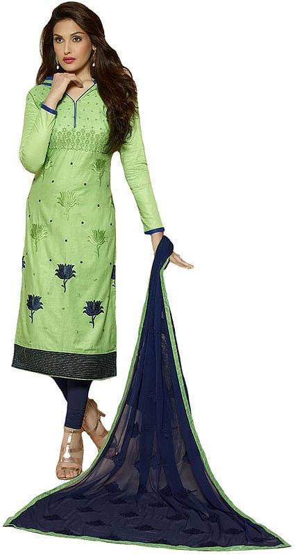 Green and Blue Long Choodidaar Kameez Suit with Embroidered Lotuses and Bootis